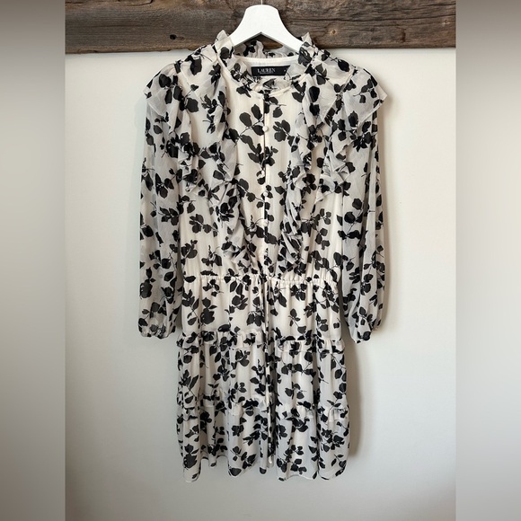 Lauren Ralph Lauren Leaf-Print Ruffle-Trim Georgette Dress - Picture 8 of 9